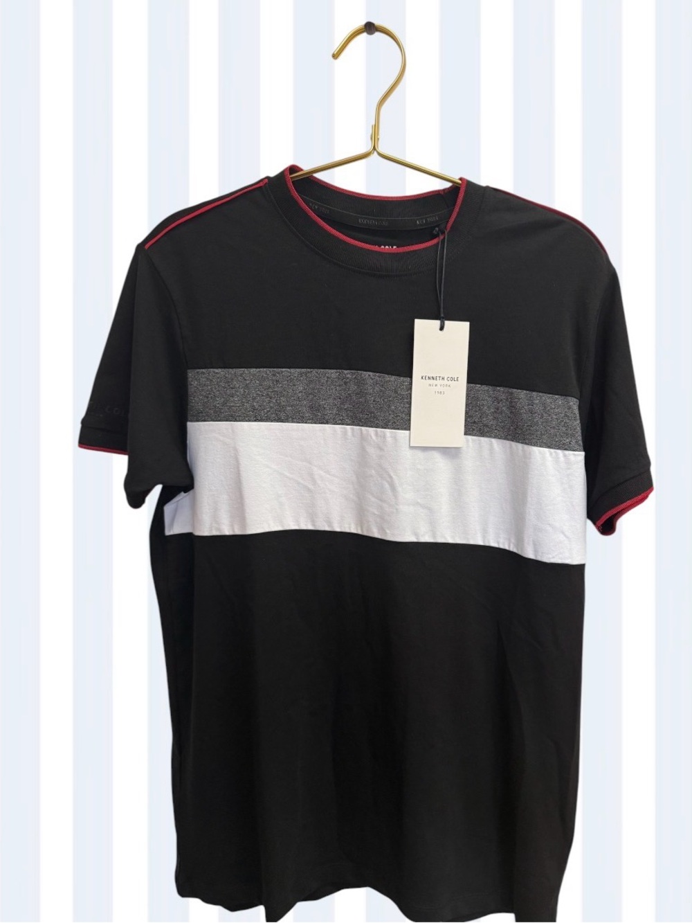 Kenneth Cole Black, White & Gray Colorblock Crew Tee with Red Trim